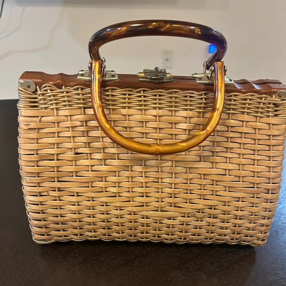 Woven Straw Tote with Tortoiseshell-Effect Handles - Beige/tan 50’s - Picture 1 of 9